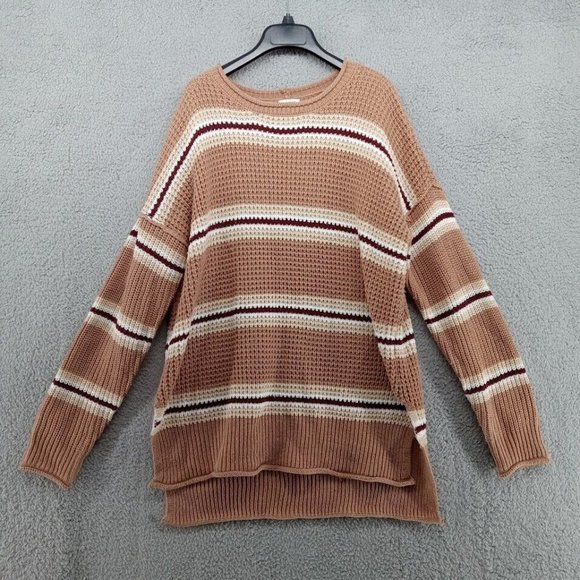 Hippie Rose Sweaters - Hippie Rose Sweater Womens XL Tan Striped Waffle Knit Pullover Cable Knit